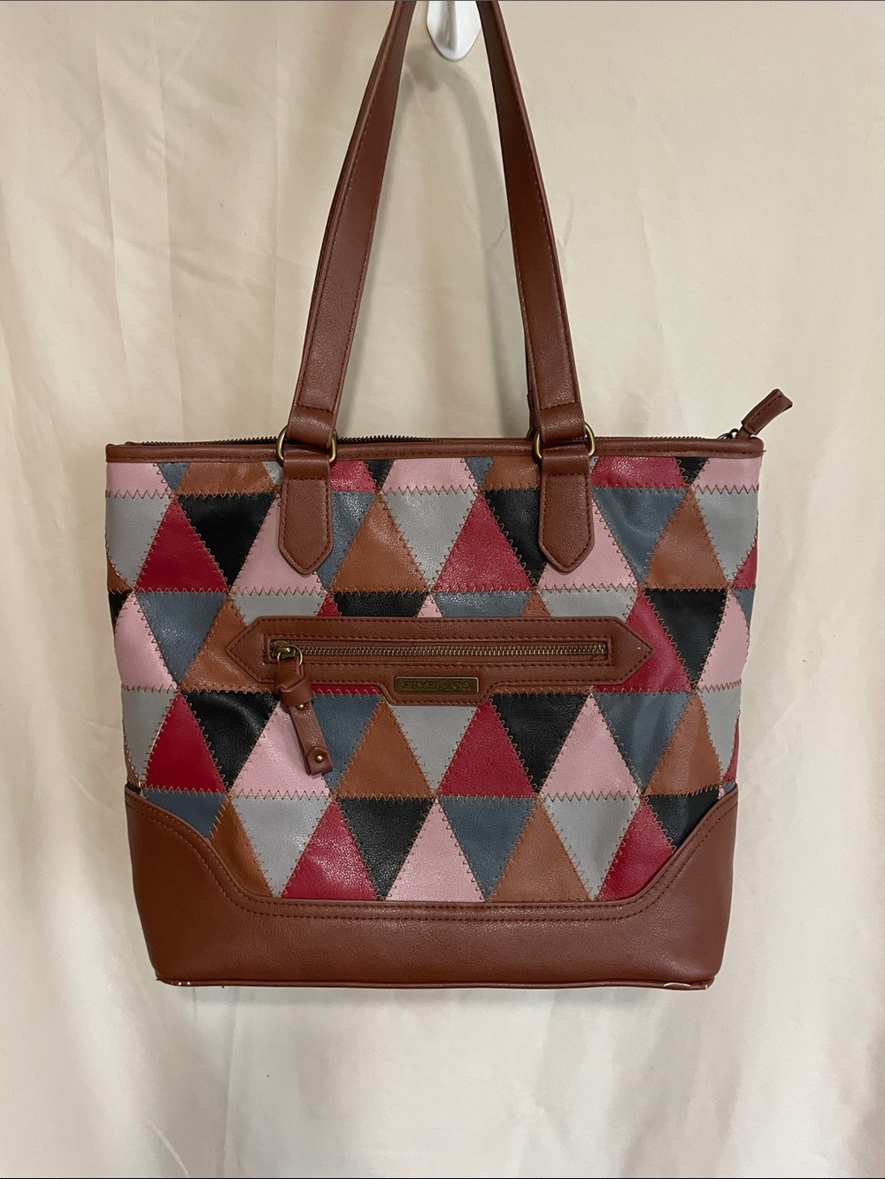 Frye and Company Patchwork Triangle Tote Bag in Brown, Pink, Red, Black